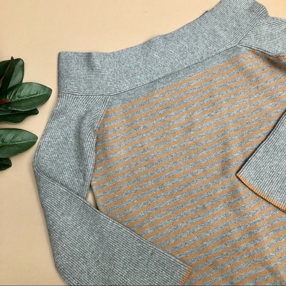 Anthropologie Gray Tan Stripe Off Shoulder Sweater - Picture 7 of 14